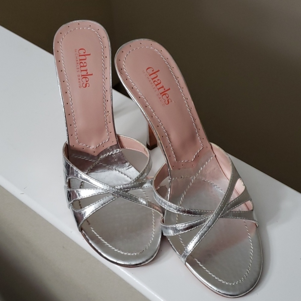 Silver strapless heels